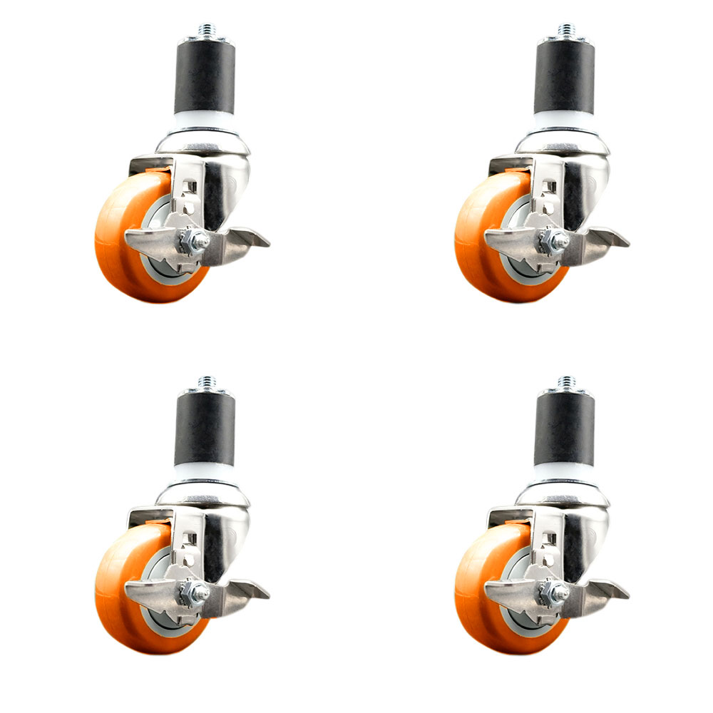 Polyurethane Swivel Stem Caster Set of 4 with 3.5 Inch Orange Caster Wheels - 1-3/4" Expanding Stems - 316 Stainless Steel Casters - Includes 4 Swivel Casters with Top Lock Brakes-Service Caster Brand — photo 1