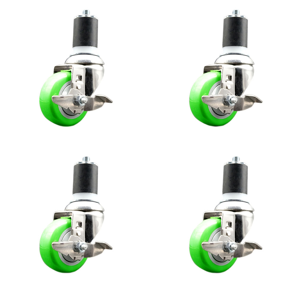 Polyurethane Swivel Stem Caster Set of 4 with 3.5 Inch Green Caster Wheels - 1-3/4" Expanding Stems - 316 Stainless Steel Casters - Includes 4 Swivel Casters with Top Lock Brakes- Service Caster Brand — photo 1