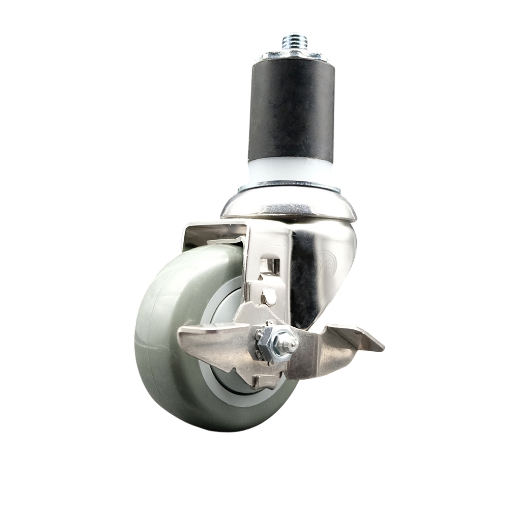 Polyurethane Swivel Stem Caster with 3 Inch Gray Caster Wheel and Top Lock Brake - 1-3/4" Expanding Stem - 316 Stainless Steel Caster - 300 lbs. Capacity Per Caster - Service Caster Brand — photo 1