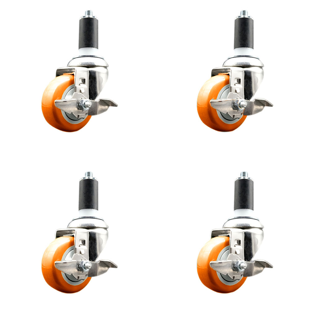 Polyurethane Swivel Stem Caster Set of 4 with 3.5 Inch Orange Caster Wheels - 1-3/8" Expanding Stems - 316 Stainless Steel Casters - Includes 4 Swivel Casters with Top Lock Brakes-Service Caster Brand — photo 1