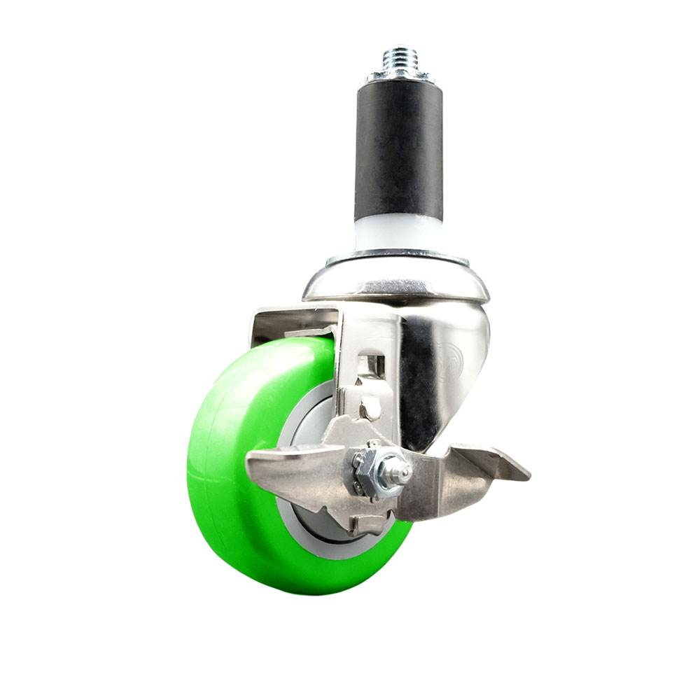 Polyurethane Swivel Stem Caster with 3.5 Inch Green Caster Wheel and Top Lock Brake - 1-3/8" Expanding Stem - 316 Stainless Steel Caster - 300 lbs. Capacity Per Caster - Service Caster Brand — photo 1
