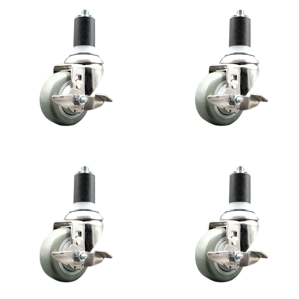 Polyurethane Swivel Stem Caster Set of 4 with 3 Inch Gray Caster Wheels - 1-5/8" Expanding Stems - 316 Stainless Steel Casters - Includes 4 Swivel Casters with Top Lock Brakes - Service Caster Brand — photo 1