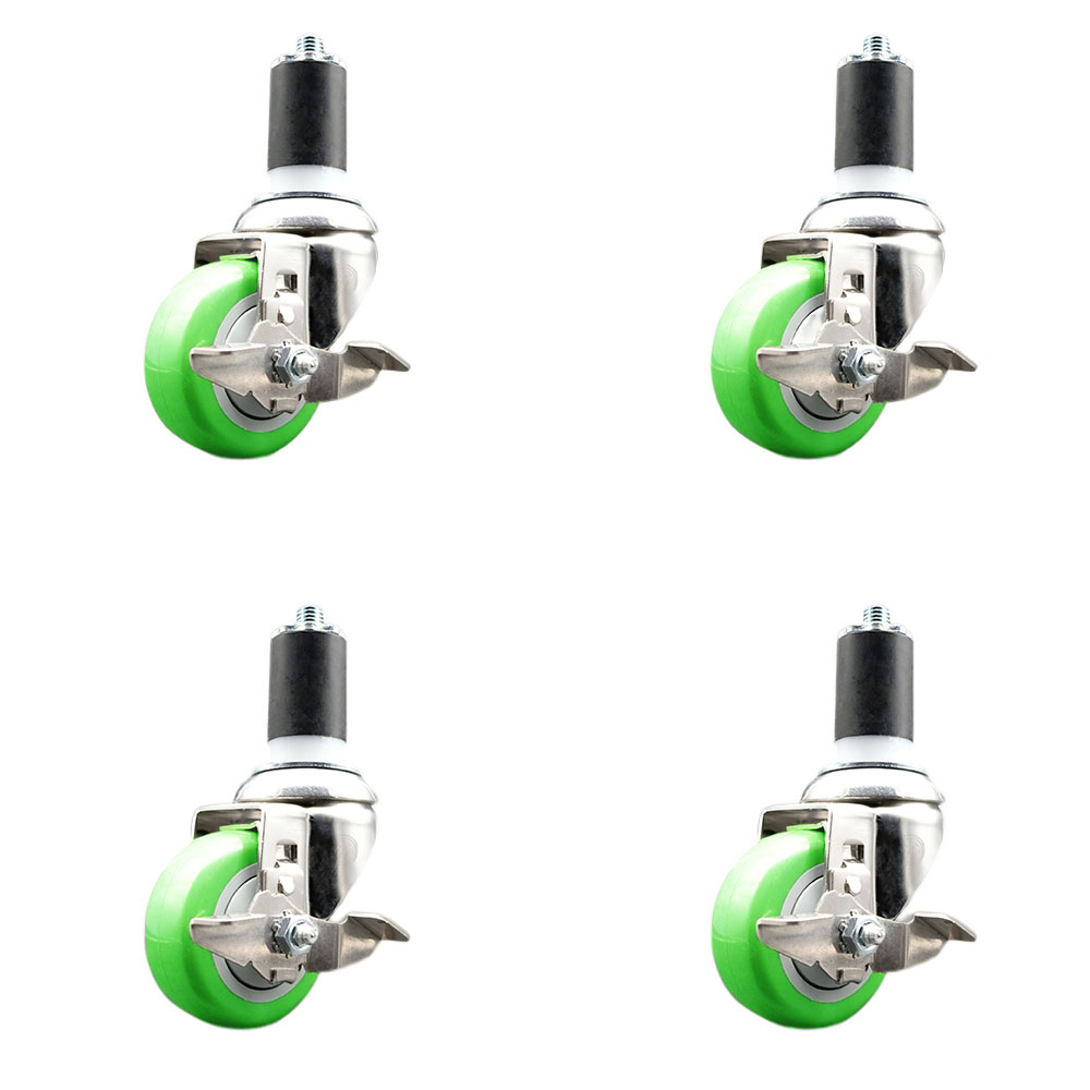 Polyurethane Swivel Stem Caster Set of 4 with 3 Inch Green Caster Wheels - 1-5/8" Expanding Stems - 316 Stainless Steel Casters - Includes 4 Swivel Casters with Top Lock Brakes - Service Caster Brand — photo 1