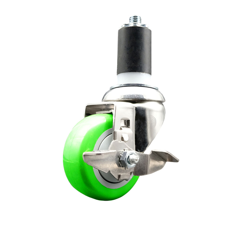 Polyurethane Swivel Stem Caster with 3.5 Inch Green Caster Wheel and Top Lock Brake - 1-5/8" Expanding Stem - 316 Stainless Steel Caster - 300 lbs. Capacity Per Caster - Service Caster Brand — photo 1