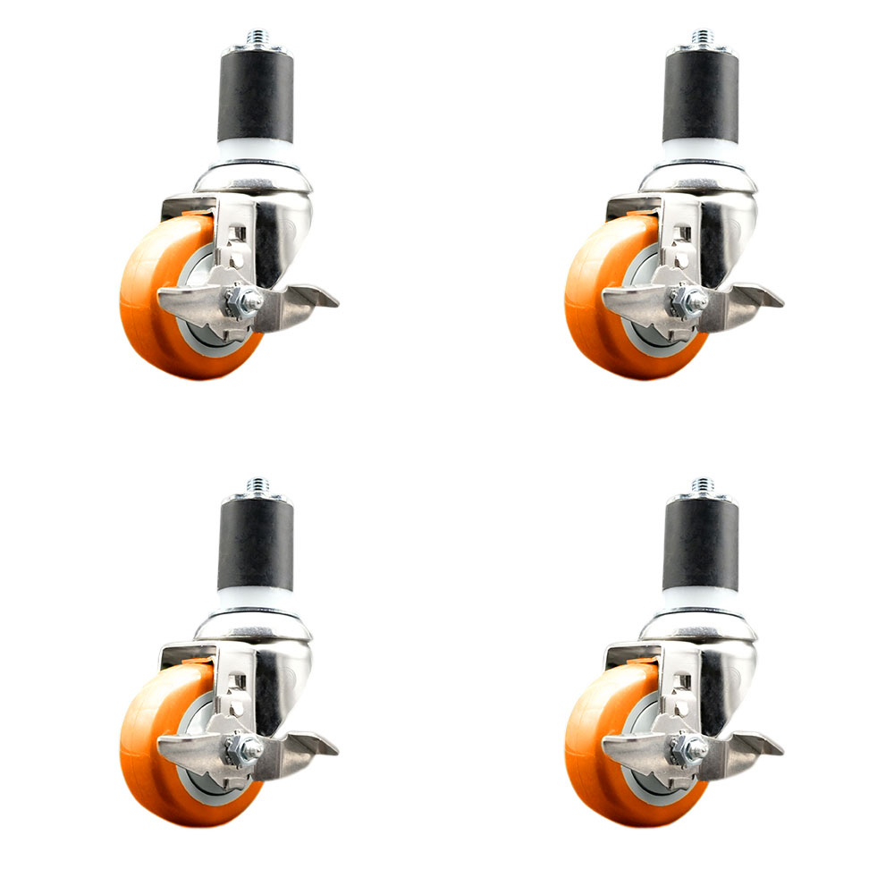 Polyurethane Swivel Stem Caster Set of 4 with 3.5 Inch Orange Caster Wheels - 1-7/8" Expanding Stems - 316 Stainless Steel Casters - Includes 4 Swivel Casters with Top Lock Brakes-Service Caster Brand — photo 1