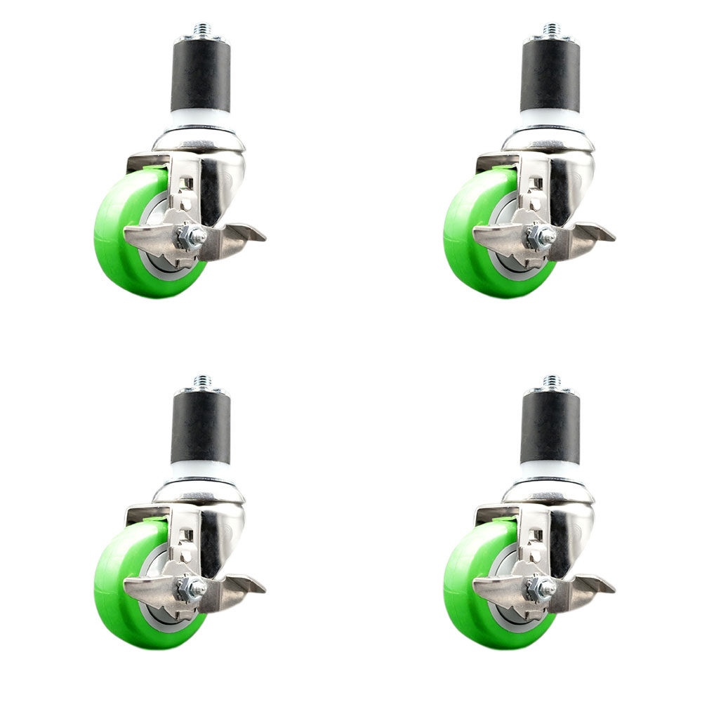 Polyurethane Swivel Stem Caster Set of 4 with 3.5 Inch Green Caster Wheels - 1-7/8" Expanding Stems - 316 Stainless Steel Casters - Includes 4 Swivel Casters with Top Lock Brakes- Service Caster Brand — photo 1