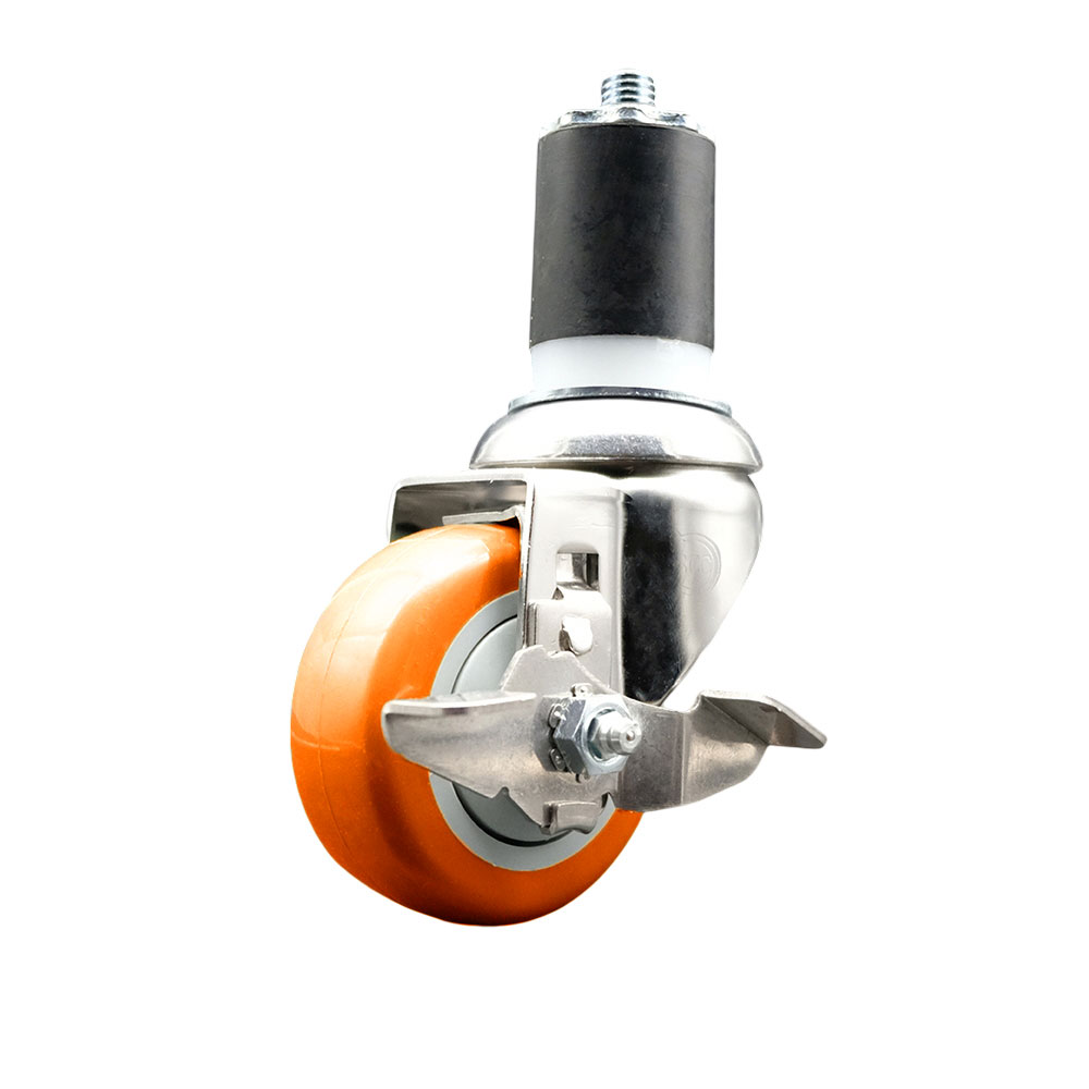Polyurethane Swivel Stem Caster with 3.5 Inch Orange Caster Wheel and Top Lock Brake - 1-7/8" Expanding Stem - 316 Stainless Steel Caster - 300 lbs. Capacity Per Caster - Service Caster Brand — photo 1