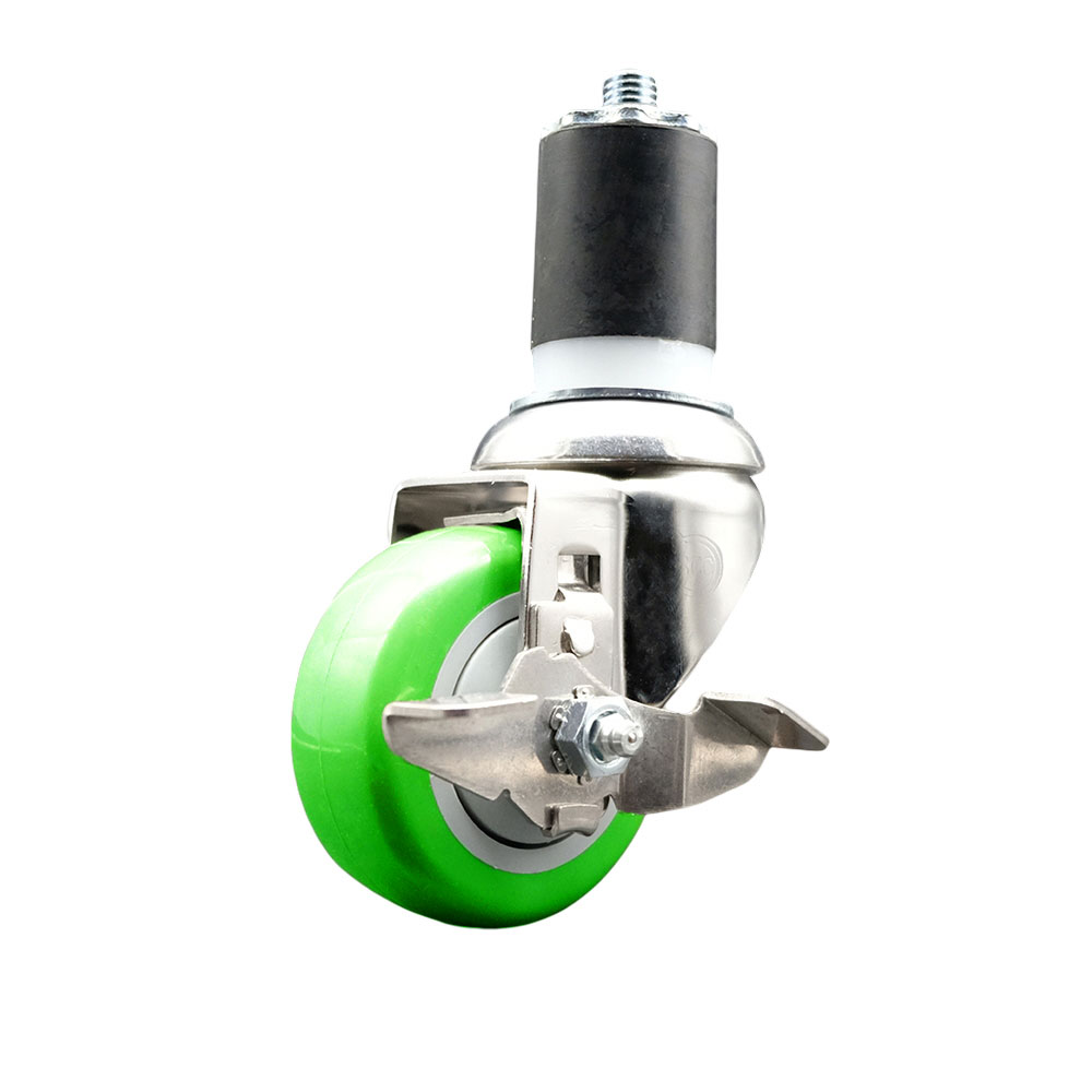 Polyurethane Swivel Stem Caster with 3.5 Inch Green Caster Wheel and Top Lock Brake - 1-7/8" Expanding Stem - 316 Stainless Steel Caster - 300 lbs. Capacity Per Caster - Service Caster Brand — photo 1