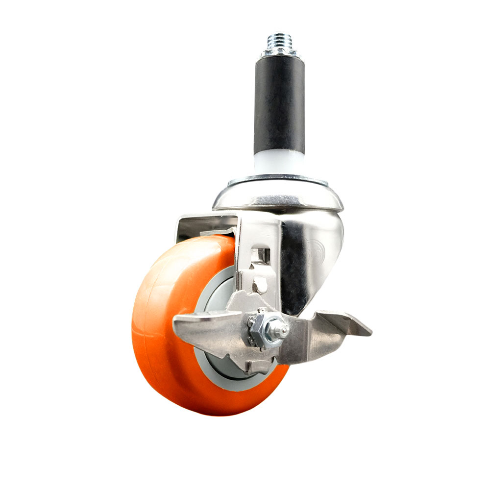 Polyurethane Swivel Stem Caster with 3.5 Inch Orange Caster Wheel and Top Lock Brake - 1" Expanding Stem - 316 Stainless Steel Caster - 300 lbs. Capacity Per Caster - Service Caster Brand — photo 1