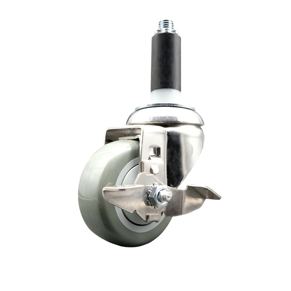 Polyurethane Swivel Stem Caster with 3 Inch Gray Caster Wheel and Top Lock Brake - 1" Expanding Stem - 316 Stainless Steel Caster - 300 lbs. Capacity Per Caster - Service Caster Brand — photo 1