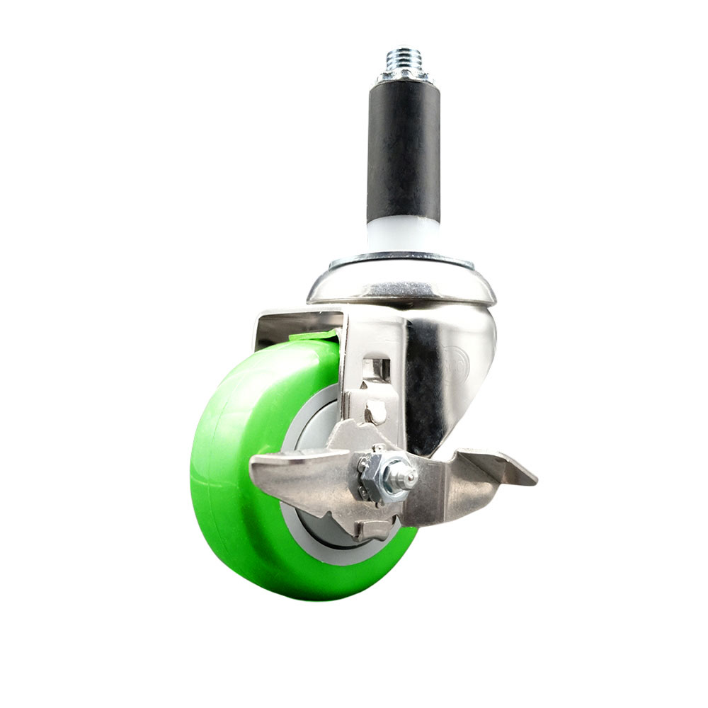 Polyurethane Swivel Stem Caster with 3.5 Inch Green Caster Wheel and Top Lock Brake - 1" Expanding Stem - 316 Stainless Steel Caster - 300 lbs. Capacity Per Caster - Service Caster Brand — photo 1
