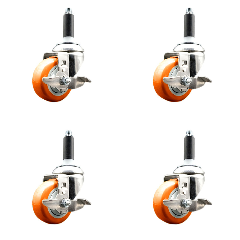 Polyurethane Swivel Stem Caster Set of 4 with 3.5 Inch Orange Caster Wheels - 3/4" Expanding Stems - 316 Stainless Steel Casters - Includes 4 Swivel Casters with Top Lock Brakes - Service Caster Brand — photo 1