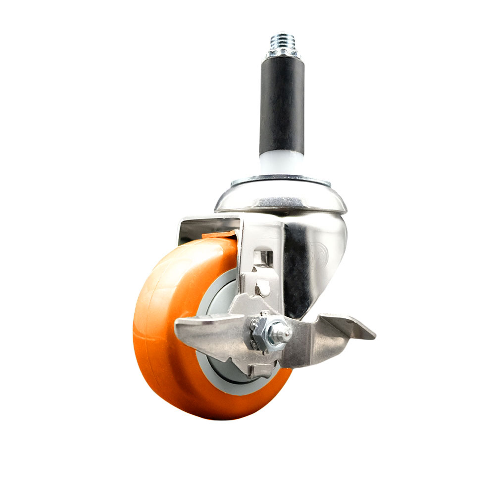 Polyurethane Swivel Stem Caster with 3.5 Inch Orange Caster Wheel and Top Lock Brake - 3/4" Expanding Stem - 316 Stainless Steel Caster - 300 lbs. Capacity Per Caster - Service Caster Brand — photo 1