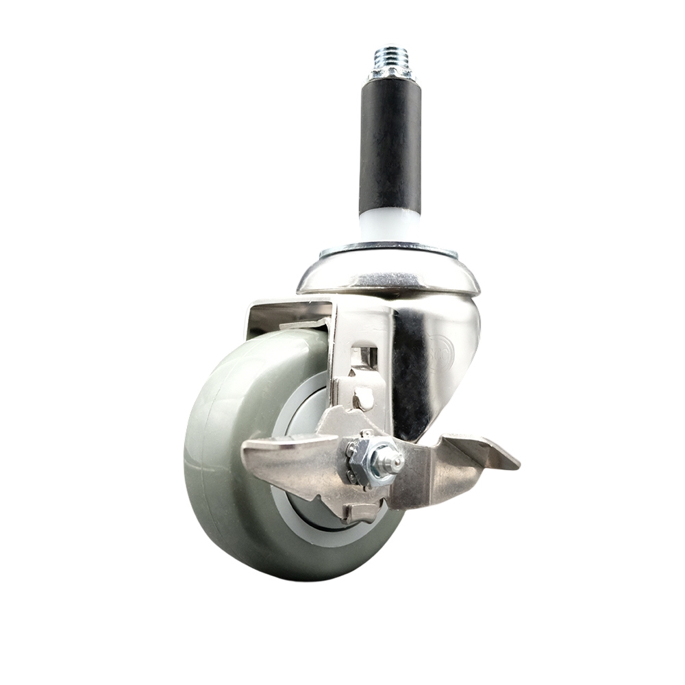 Polyurethane Swivel Stem Caster with 3.5 Inch Gray Caster Wheel and Top Lock Brake - 3/4" Expanding Stem - 316 Stainless Steel Caster - 300 lbs. Capacity Per Caster - Service Caster Brand — photo 1