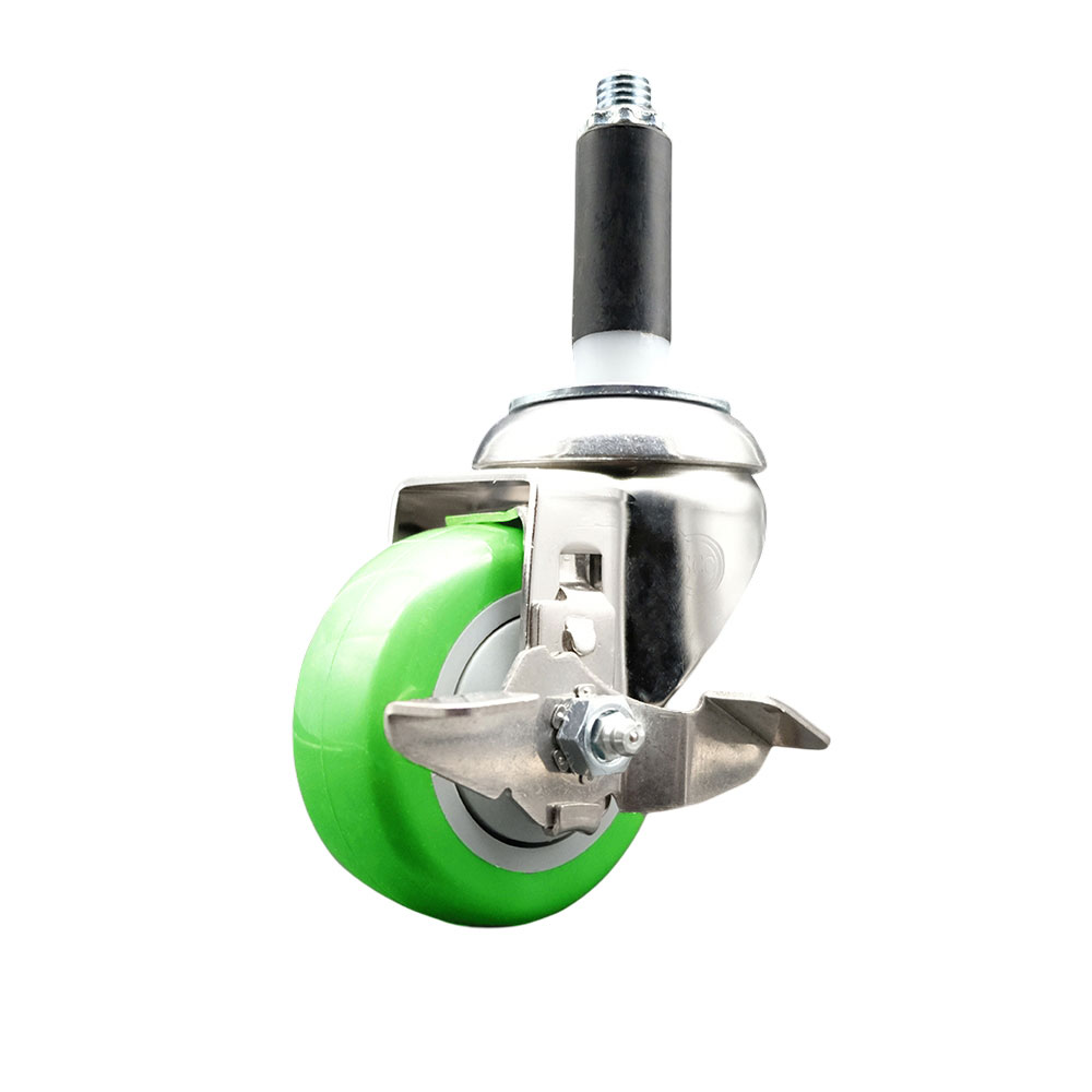 Polyurethane Swivel Stem Caster with 3.5 Inch Green Caster Wheel and Top Lock Brake - 3/4" Expanding Stem - 316 Stainless Steel Caster - 300 lbs. Capacity Per Caster - Service Caster Brand — photo 1