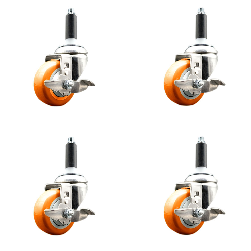 Polyurethane Swivel Stem Caster Set of 4 with 3.5 Inch Orange Caster Wheels - 7/8" Expanding Stems - 316 Stainless Steel Casters - Includes 4 Swivel Casters with Top Lock Brakes - Service Caster Brand — photo 1