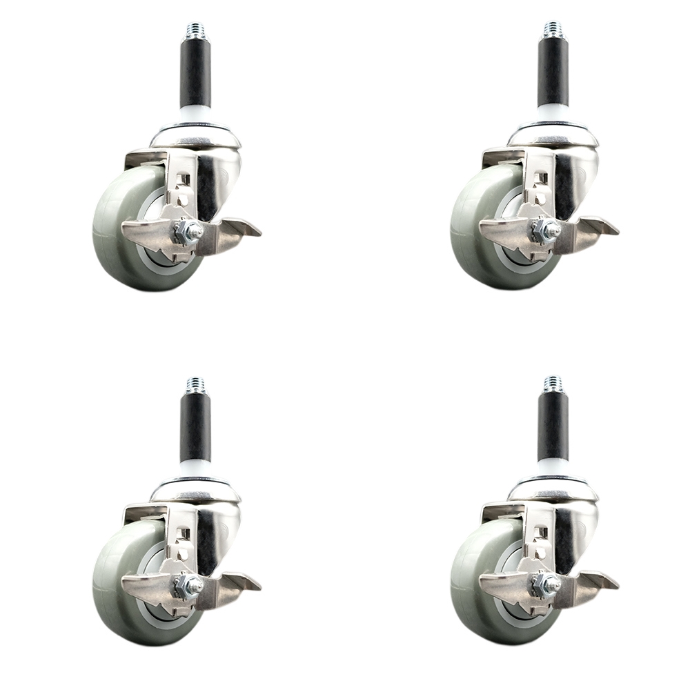 Polyurethane Swivel Stem Caster Set of 4 with 3 Inch Gray Caster Wheels - 7/8" Expanding Stems - 316 Stainless Steel Casters - Includes 4 Swivel Casters with Top Lock Brakes - Service Caster Brand — photo 1