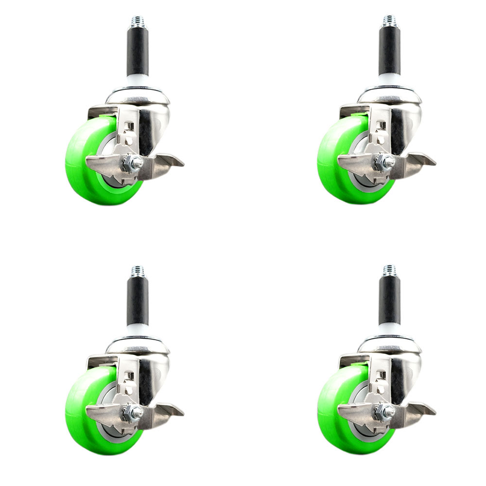 Polyurethane Swivel Stem Caster Set of 4 with 3.5 Inch Green Caster Wheels - 7/8" Expanding Stems - 316 Stainless Steel Casters - Includes 4 Swivel Casters with Top Lock Brakes - Service Caster Brand — photo 1