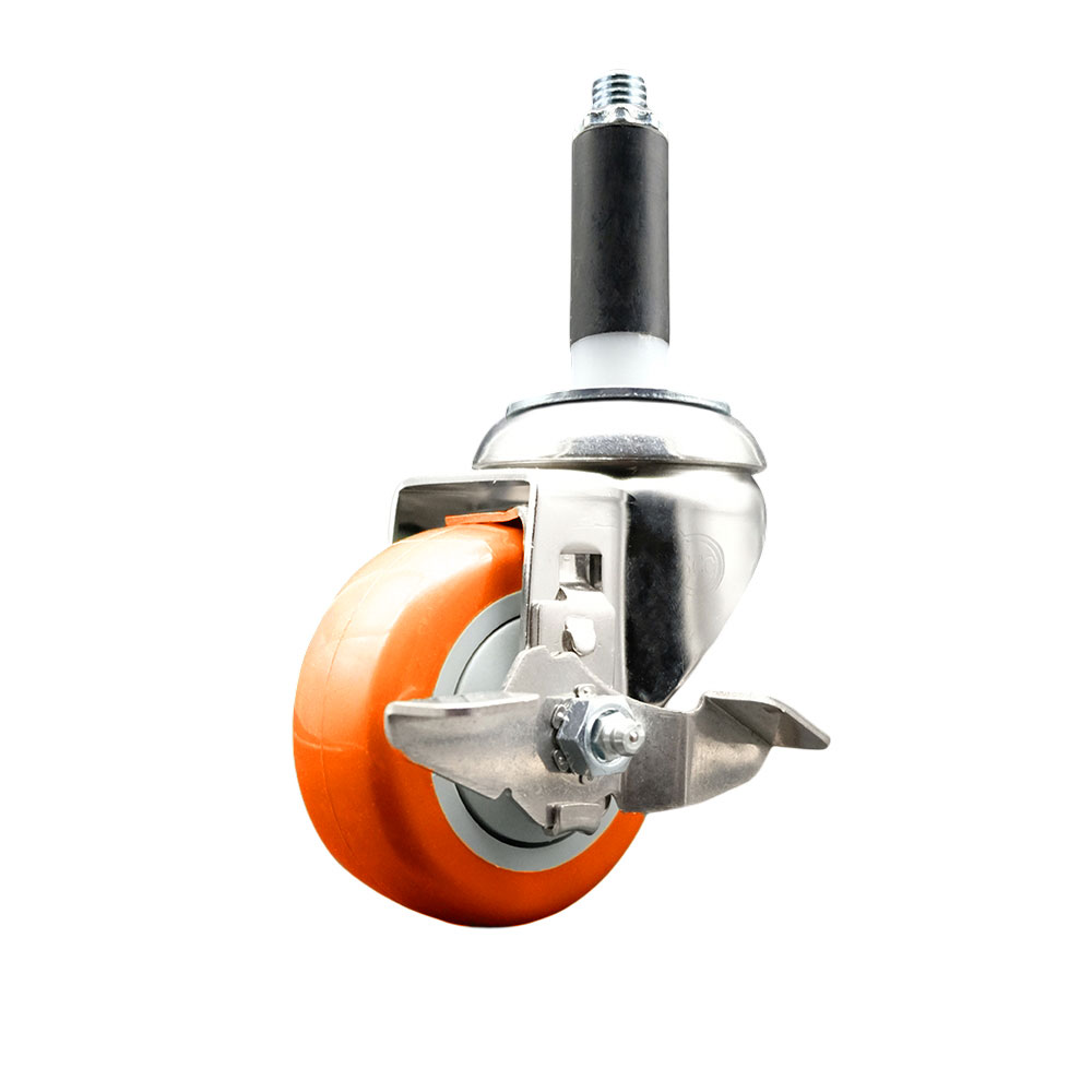 Polyurethane Swivel Stem Caster with 3.5 Inch Orange Caster Wheel and Top Lock Brake - 7/8" Expanding Stem - 316 Stainless Steel Caster - 300 lbs. Capacity Per Caster - Service Caster Brand — photo 1