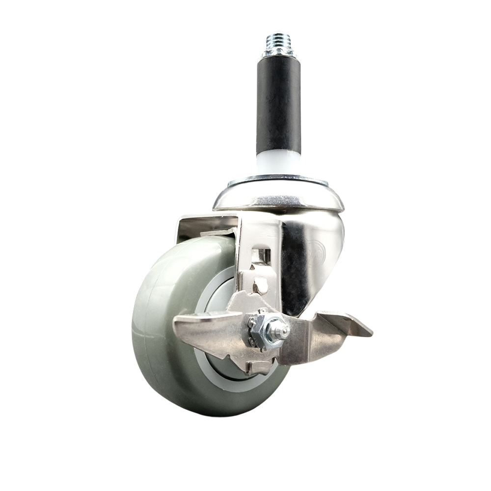Polyurethane Swivel Stem Caster with 3.5 Inch Gray Caster Wheel and Top Lock Brake - 7/8" Expanding Stem - 316 Stainless Steel Caster - 300 lbs. Capacity Per Caster - Service Caster Brand — photo 1
