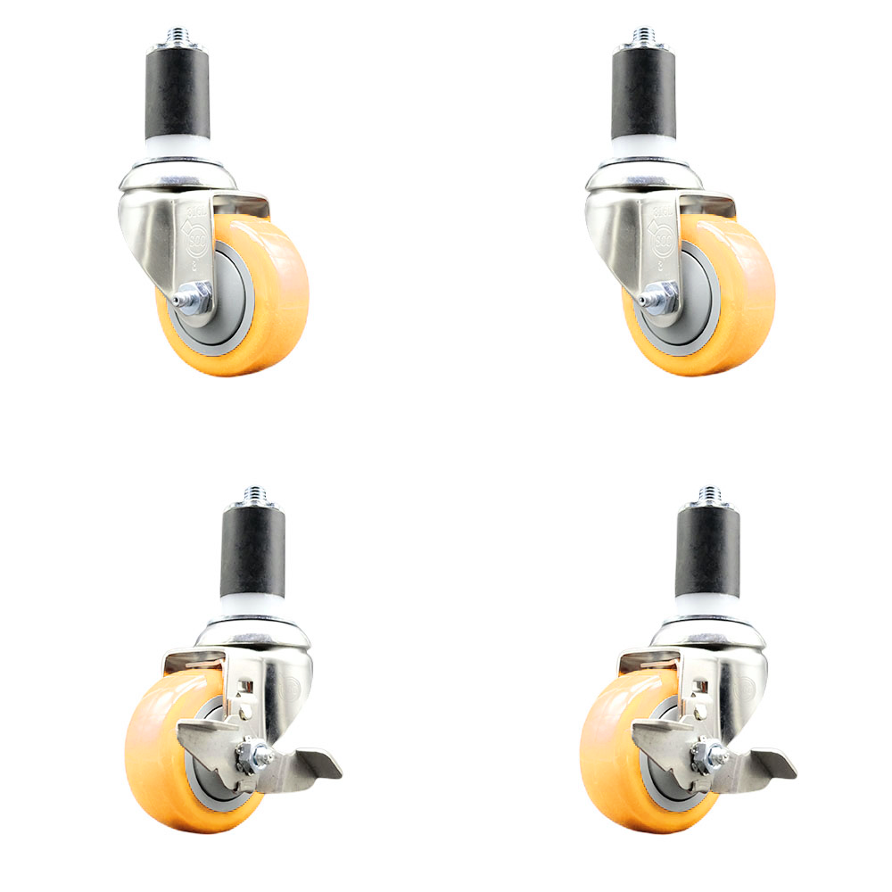 Polyurethane Swivel Stem Caster Set of 4 with 3 Inch Yellow Caster Wheels - 1-1/2" Expanding Stems -316 Stainless Steel Casters-Includes 2 Swivel with Top Lock Brakes and 2 Swivel-Service Caster Brand — photo 1