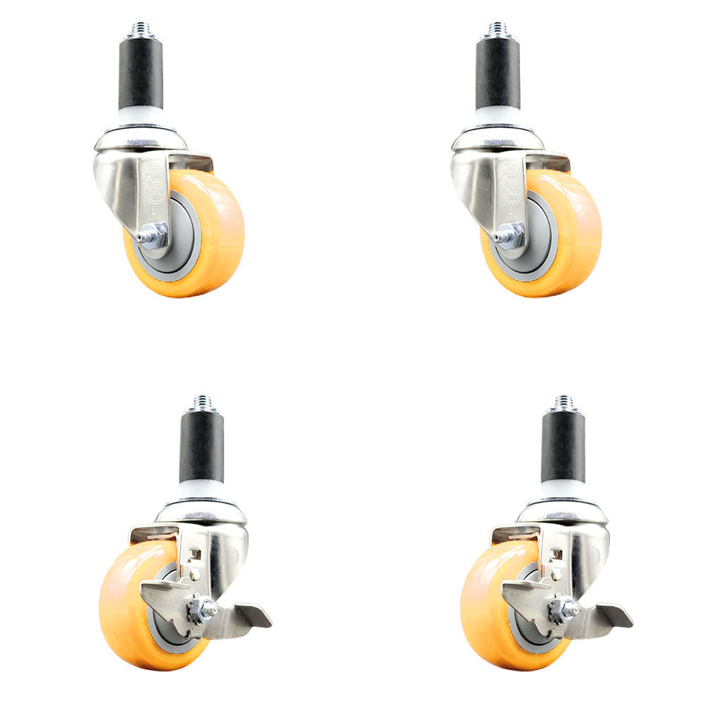 Polyurethane Swivel Stem Caster Set of 4 with 3 Inch Yellow Caster Wheels - 1-1/4" Expanding Stems -316 Stainless Steel Casters-Includes 2 Swivel with Top Lock Brakes and 2 Swivel-Service Caster Brand — photo 1