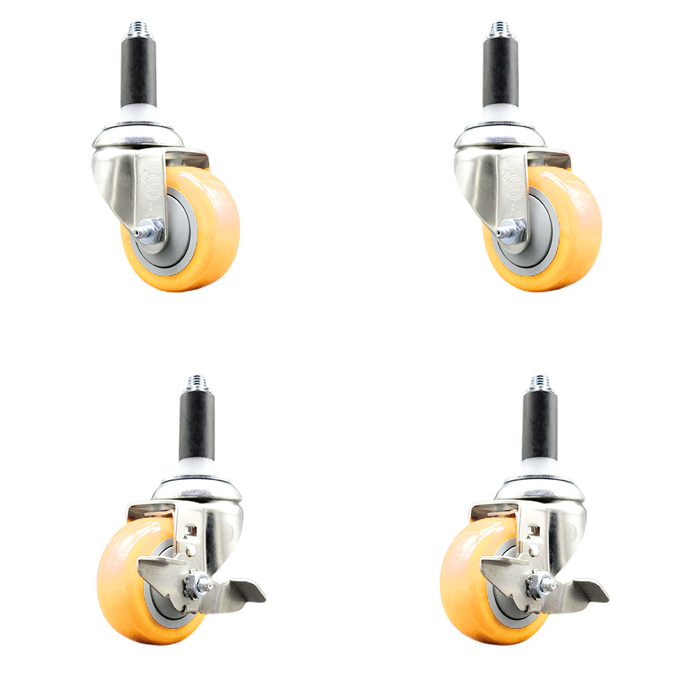Polyurethane Swivel Stem Caster Set of 4 with 3 Inch Yellow Caster Wheels - 1-1/8" Expanding Stems -316 Stainless Steel Casters-Includes 2 Swivel with Top Lock Brakes and 2 Swivel-Service Caster Brand — photo 1