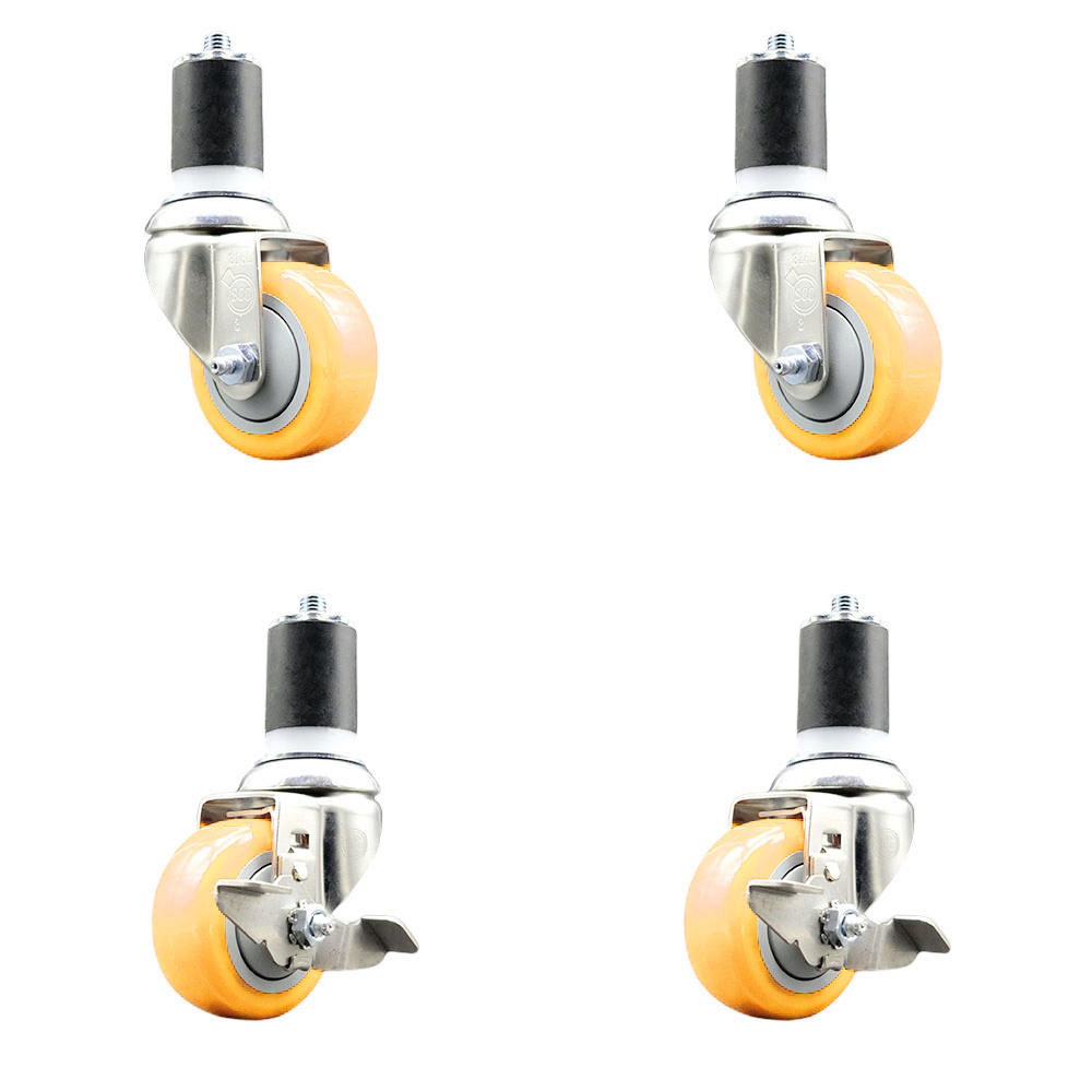 Polyurethane Swivel Stem Caster Set of 4 with 3 Inch Yellow Caster Wheels - 1-3/4" Expanding Stems -316 Stainless Steel Casters-Includes 2 Swivel with Top Lock Brakes and 2 Swivel-Service Caster Brand — photo 1