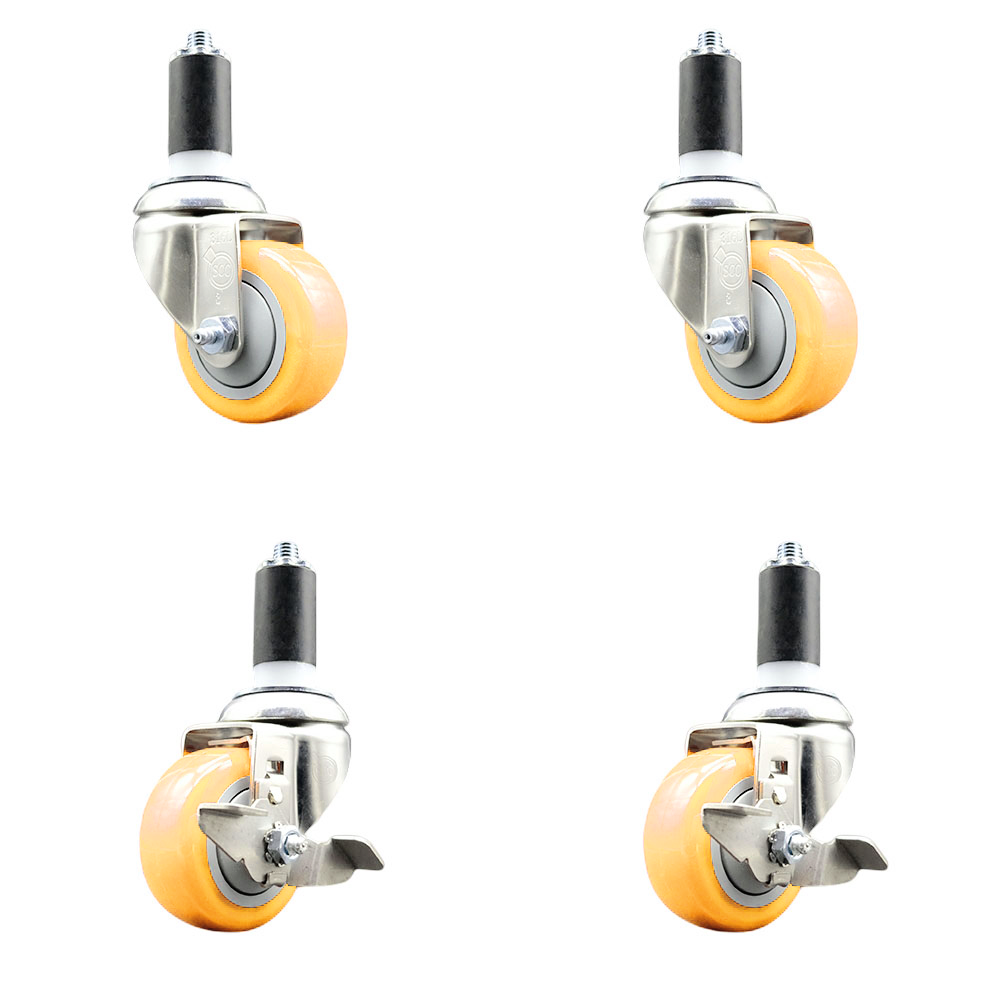 Polyurethane Swivel Stem Caster Set of 4 with 3 Inch Yellow Caster Wheels - 1-3/8" Expanding Stems -316 Stainless Steel Casters-Includes 2 Swivel with Top Lock Brakes and 2 Swivel-Service Caster Brand — photo 1
