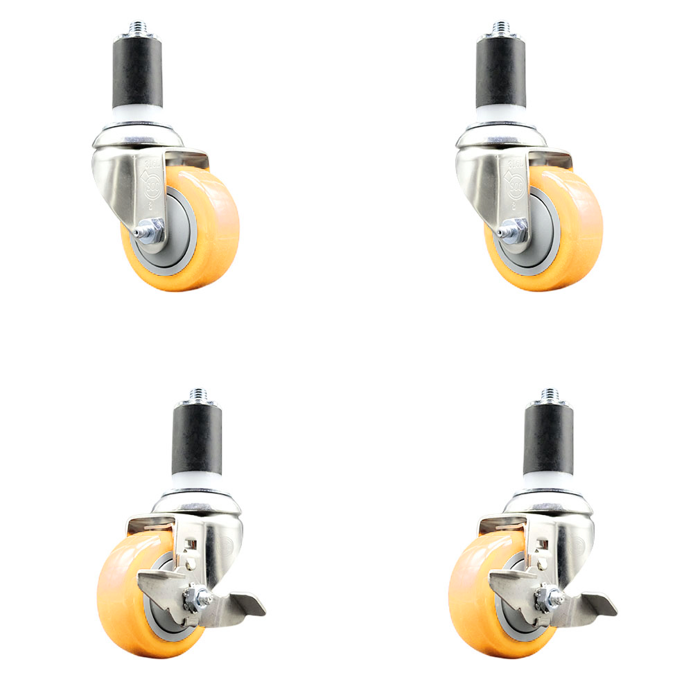 Polyurethane Swivel Stem Caster Set of 4 with 3 Inch Yellow Caster Wheels - 1-5/8" Expanding Stems -316 Stainless Steel Casters-Includes 2 Swivel with Top Lock Brakes and 2 Swivel-Service Caster Brand — photo 1