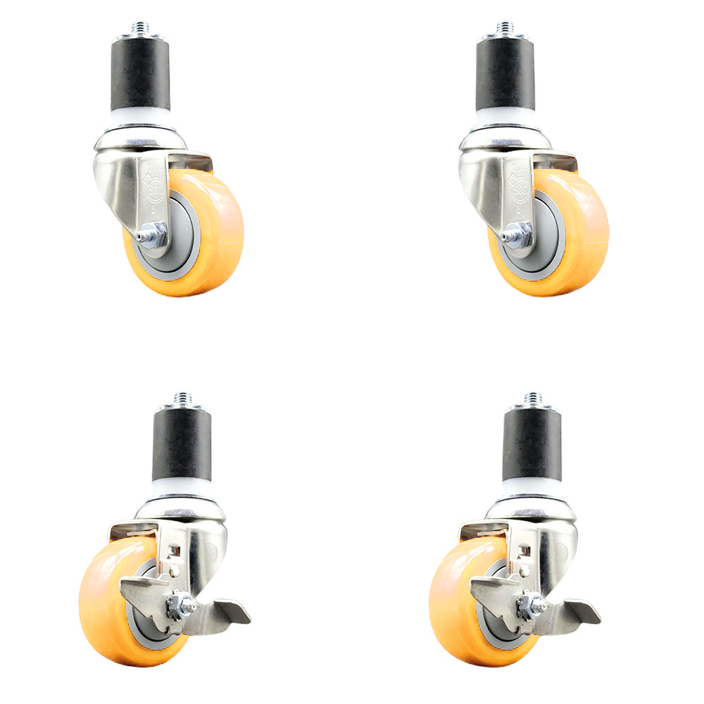 Polyurethane Swivel Stem Caster Set of 4 with 3 Inch Yellow Caster Wheels - 1-7/8" Expanding Stems -316 Stainless Steel Casters-Includes 2 Swivel with Top Lock Brakes and 2 Swivel-Service Caster Brand — photo 1