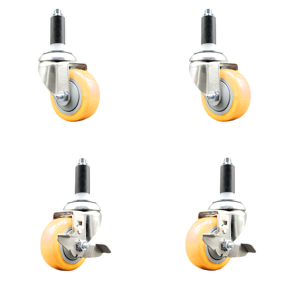 Polyurethane Swivel Stem Caster Set of 4 with 3 Inch Yellow Caster Wheels - 1" Expanding Stems -316 Stainless Steel Casters - Includes 2 Swivel with Top Lock Brakes and 2 Swivel - Service Caster Brand — photo 1