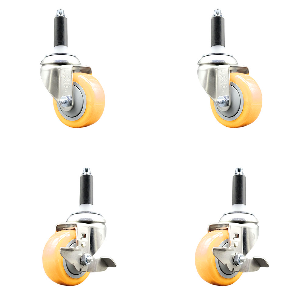 Polyurethane Swivel Stem Caster Set of 4 with 3 Inch Yellow Caster Wheels - 3/4" Expanding Stems -316 Stainless Steel Casters - Includes 2 Swivel with Top Lock Brakes and 2 Swivel-Service Caster Brand — photo 1