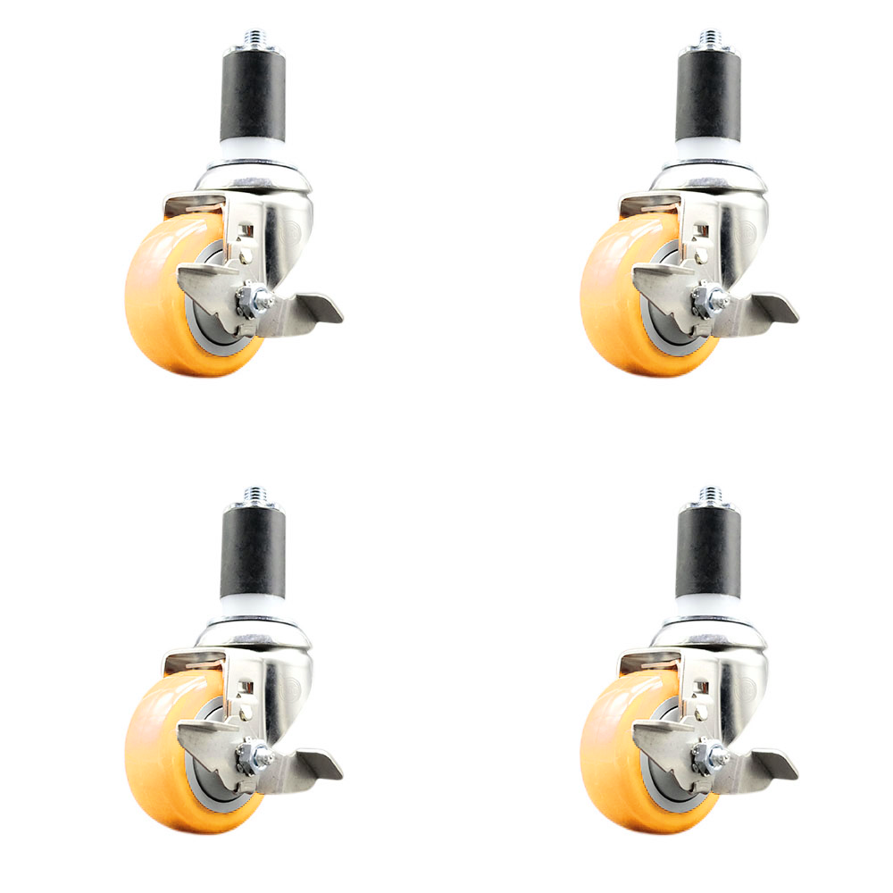 Polyurethane Swivel Stem Caster Set of 4 with 3 Inch Yellow Caster Wheels - 1-1/2" Expanding Stems - 316 Stainless Steel Casters - Includes 4 Swivel Casters with Top Lock Brakes - Service Caster Brand — photo 1