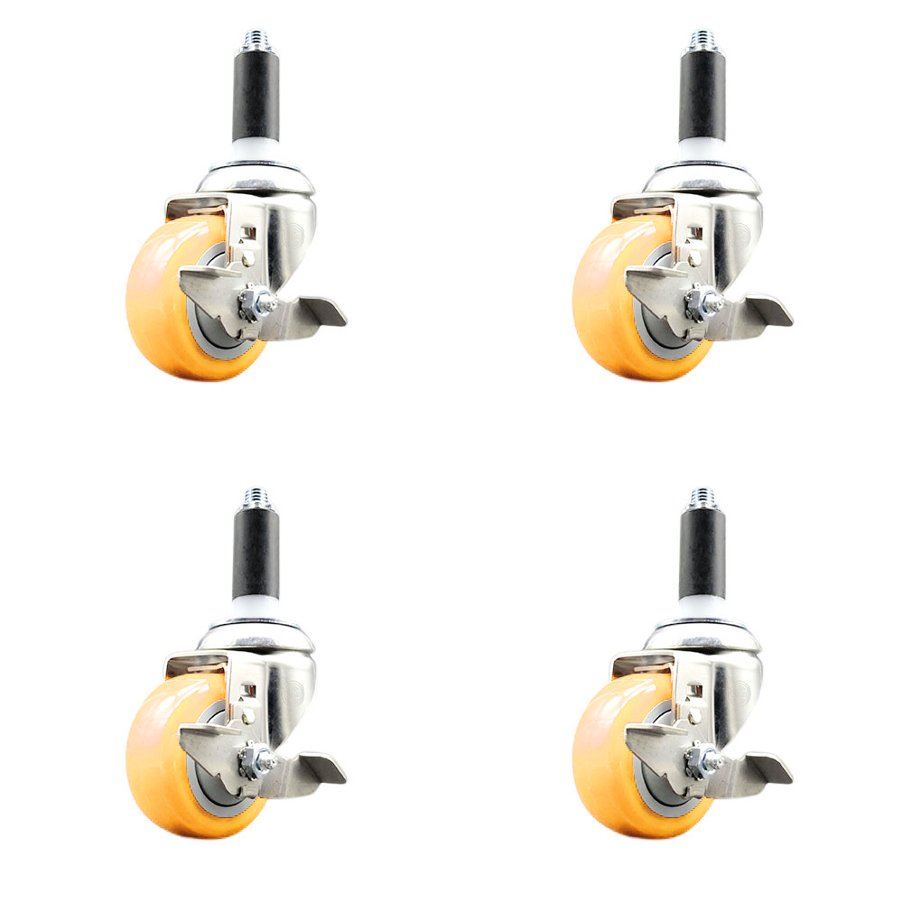 Polyurethane Swivel Stem Caster Set of 4 with 3 Inch Yellow Caster Wheels - 1-1/8" Expanding Stems - 316 Stainless Steel Casters - Includes 4 Swivel Casters with Top Lock Brakes - Service Caster Brand — photo 1