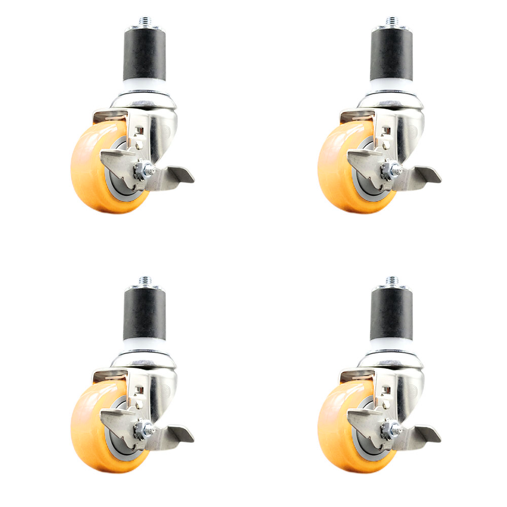 Polyurethane Swivel Stem Caster Set of 4 with 3 Inch Yellow Caster Wheels - 1-3/4" Expanding Stems - 316 Stainless Steel Casters - Includes 4 Swivel Casters with Top Lock Brakes - Service Caster Brand — photo 1