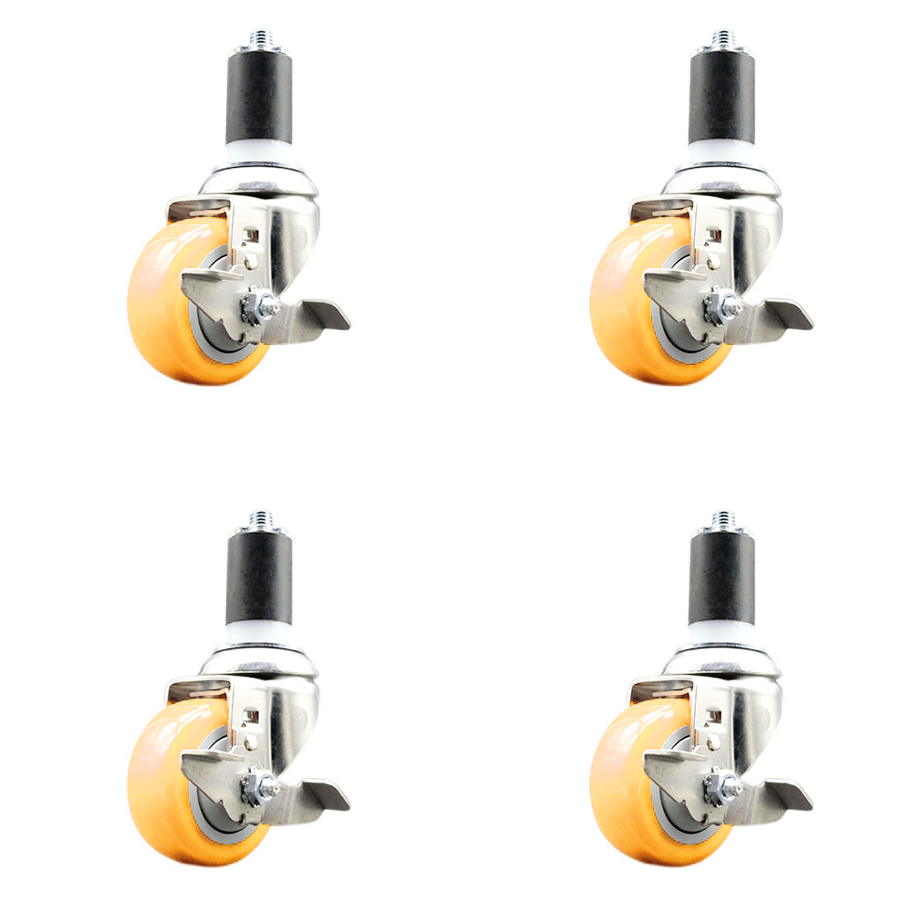 Polyurethane Swivel Stem Caster Set of 4 with 3 Inch Yellow Caster Wheels - 1-5/8" Expanding Stems - 316 Stainless Steel Casters - Includes 4 Swivel Casters with Top Lock Brakes - Service Caster Brand — photo 1