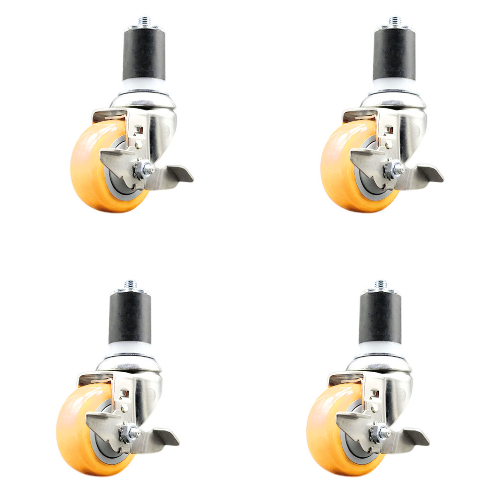 Polyurethane Swivel Stem Caster Set of 4 with 3 Inch Yellow Caster Wheels - 1-7/8" Expanding Stems - 316 Stainless Steel Casters - Includes 4 Swivel Casters with Top Lock Brakes - Service Caster Brand — photo 1