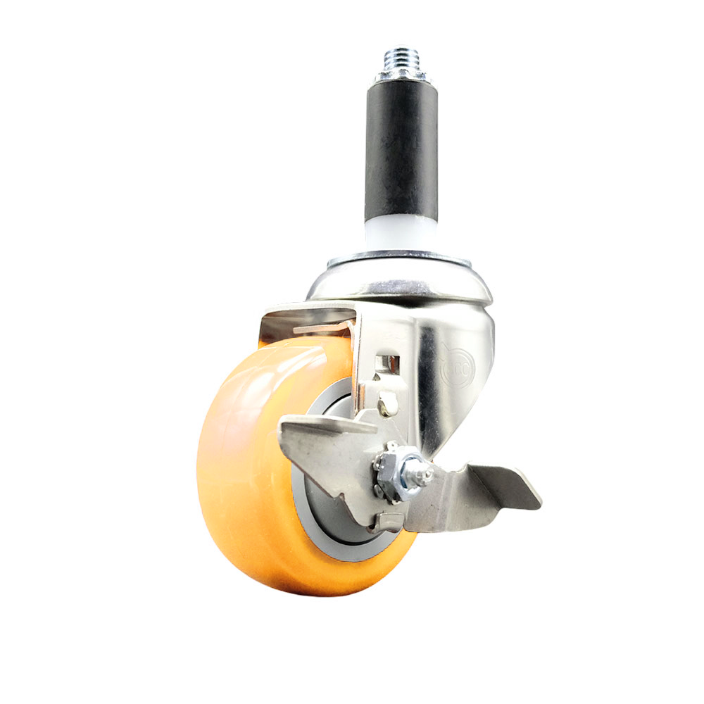 Polyurethane Swivel Stem Caster with 3 Inch Yellow Caster Wheel and Top Lock Brake - 1" Expanding Stem - 316 Stainless Steel Caster - 300 lbs. Capacity Per Caster - Service Caster Brand — photo 1