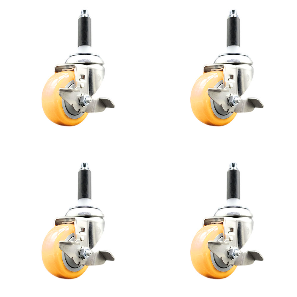 Polyurethane Swivel Stem Caster Set of 4 with 3 Inch Yellow Caster Wheels - 7/8" Expanding Stems - 316 Stainless Steel Casters - Includes 4 Swivel Casters with Top Lock Brakes - Service Caster Brand — photo 1