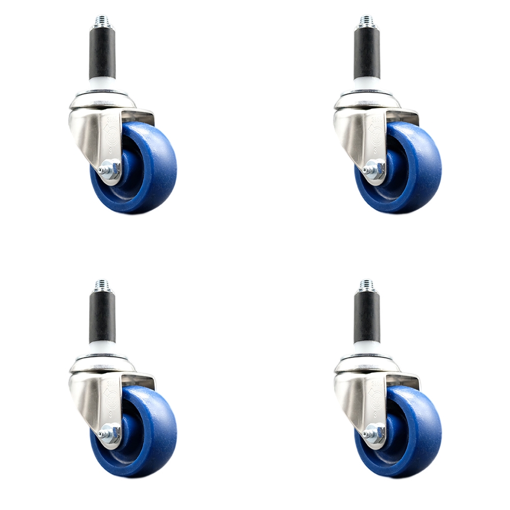 Solid Polyurethane Swivel Stem Caster Set of 4 with 3.5 Inch Blue Caster Wheels - 1" Expanding Stems - 316 Stainless Steel Casters - Includes 4 Swivel Casters - Service Caster Brand — photo 1