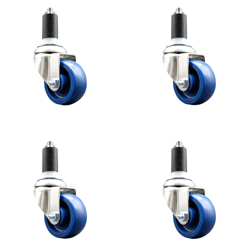 Solid Polyurethane Swivel Stem Caster Set of 4 with 3 Inch Blue Caster Wheels - 1-1/4" Expanding Stems - 316 Stainless Steel Casters - Includes 4 Swivel Casters - Service Caster Brand — photo 1