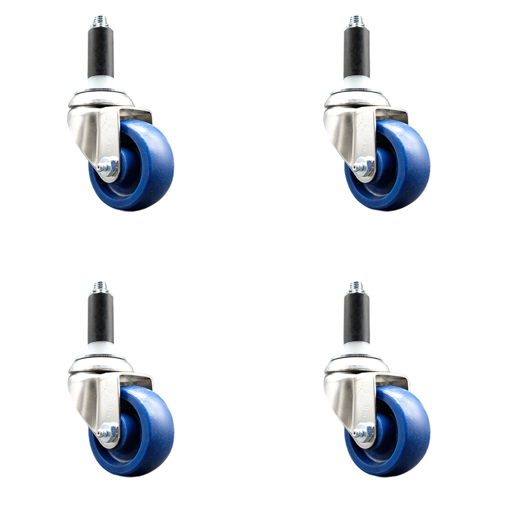 Solid Polyurethane Swivel Stem Caster Set of 4 with 3.5 Inch Blue Caster Wheels - 1-1/8" Expanding Stems - 316 Stainless Steel Casters - Includes 4 Swivel Casters - Service Caster Brand — photo 1