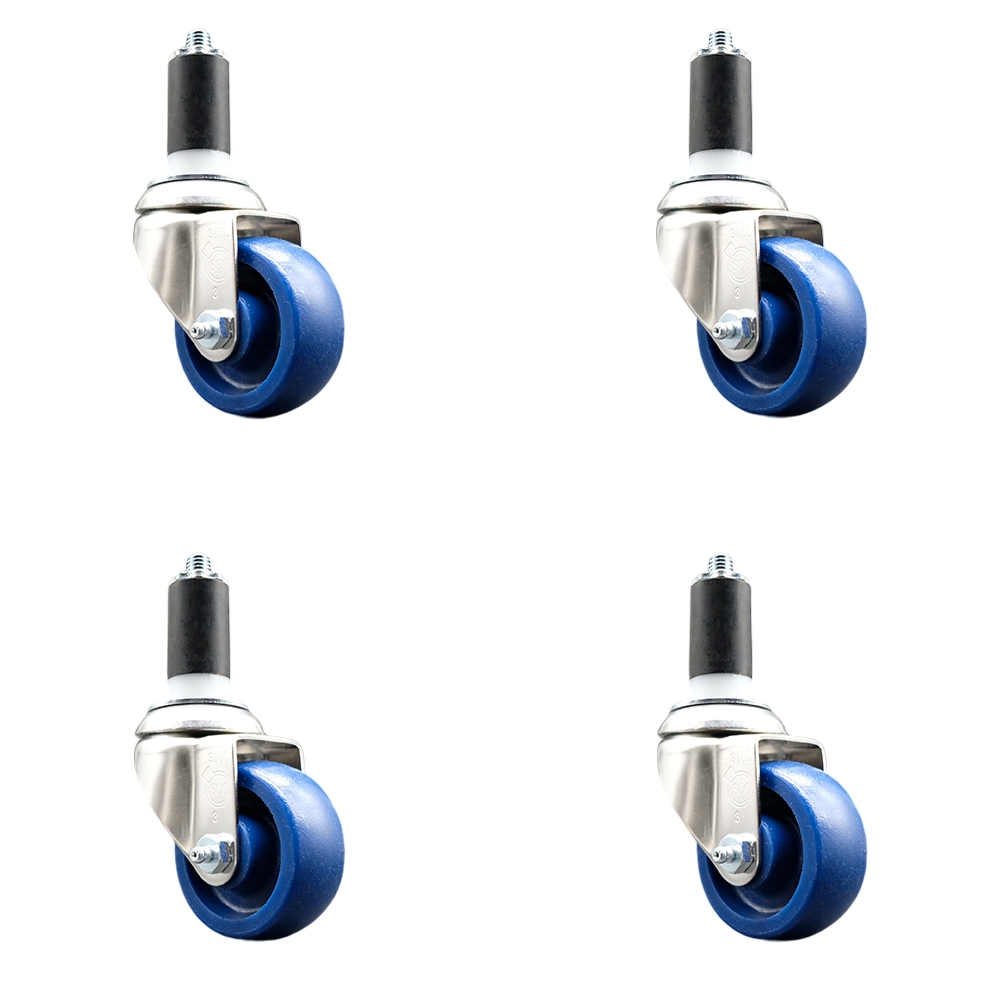 Solid Polyurethane Swivel Stem Caster Set of 4 with 3 Inch Blue Caster Wheels - 1-3/8" Expanding Stems - 316 Stainless Steel Casters - Includes 4 Swivel Casters - Service Caster Brand — photo 1