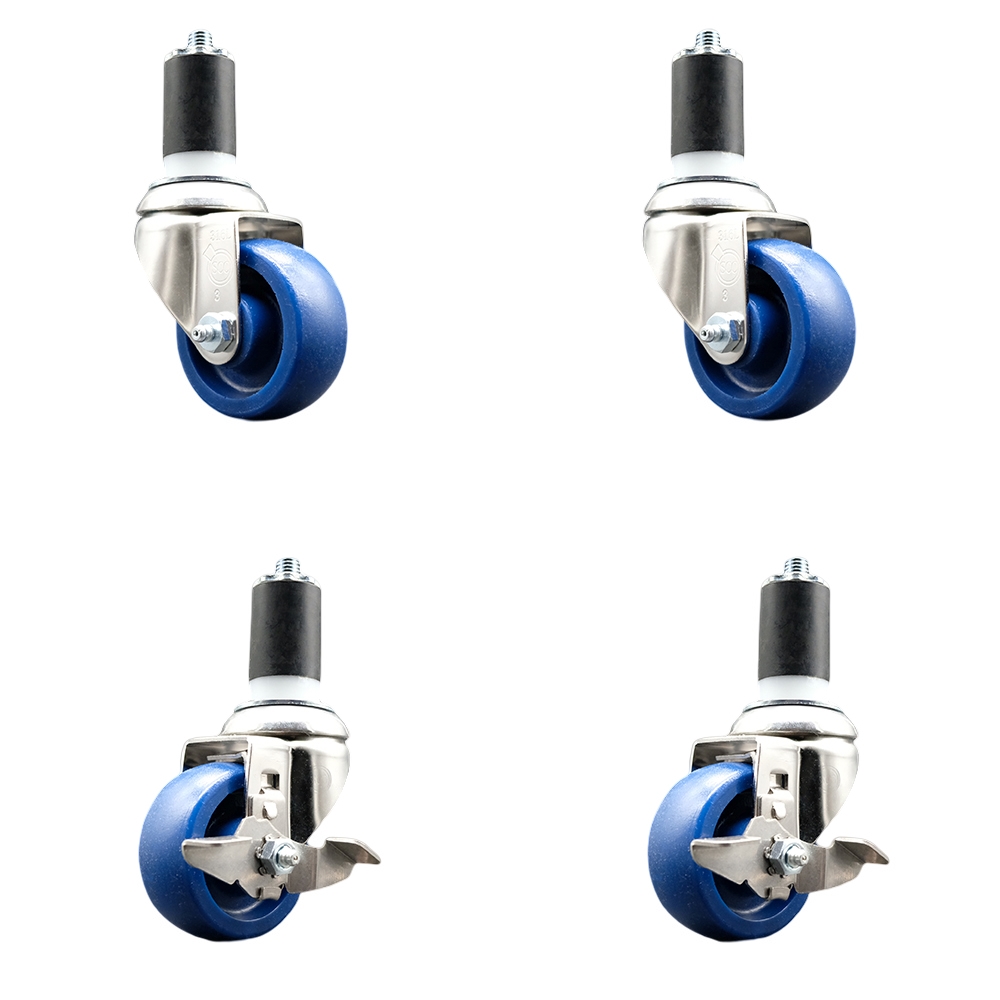 Solid Poly Swivel Stem Caster Set of 4 with 3 Inch Blue Caster Wheels - 1-1/2" Expanding Stems - 316 Stainless Steel Casters - Includes 2 Swivel with Top Lock Brakes and 2 Swivel- Service Caster Brand — photo 1