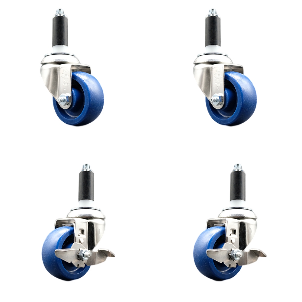 Solid Poly Swivel Stem Caster Set of 4 with 3 Inch Blue Caster Wheels - 1-1/8" Expanding Stems - 316 Stainless Steel Casters - Includes 2 Swivel with Top Lock Brakes and 2 Swivel- Service Caster Brand — photo 1