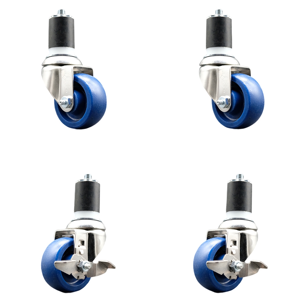 Solid Poly Swivel Stem Caster Set of 4 with 3 Inch Blue Caster Wheels - 1-3/4" Expanding Stems - 316 Stainless Steel Casters - Includes 2 Swivel with Top Lock Brakes and 2 Swivel- Service Caster Brand — photo 1