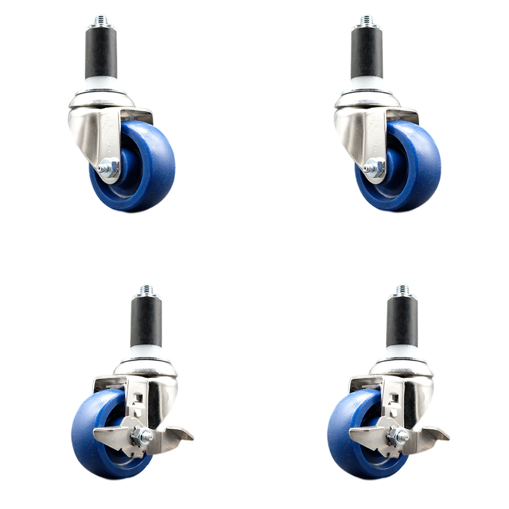 Solid Poly Swivel Stem Caster Set of 4 with 3.5 Inch Blue Caster Wheels - 1-3/8" Expanding Stems - 316 Stainless Steel Casters -Includes 2 Swivel with Top Lock Brakes and 2 Swivel-Service Caster Brand — photo 1