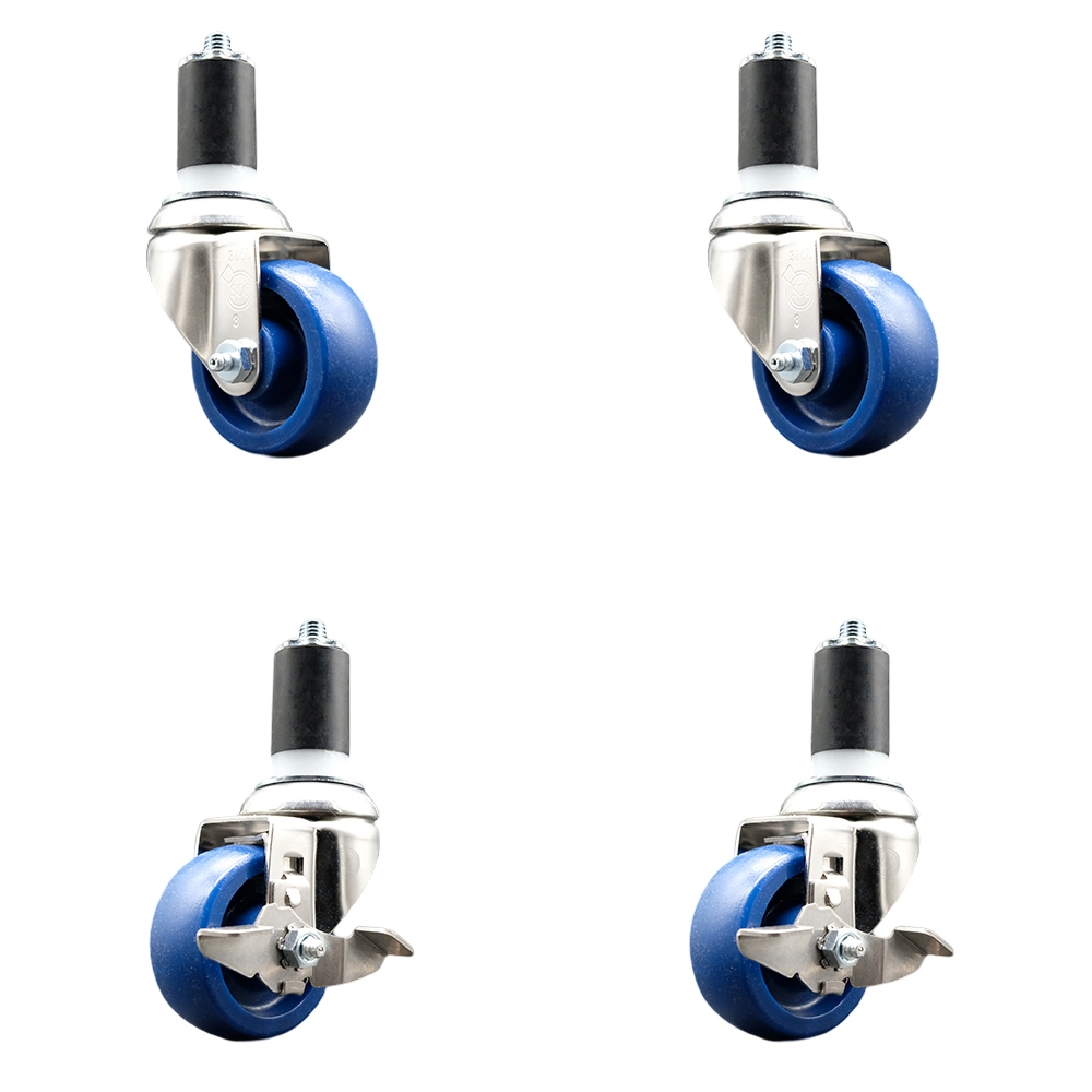 Solid Poly Swivel Stem Caster Set of 4 with 3.5 Inch Blue Caster Wheels - 1-5/8" Expanding Stems - 316 Stainless Steel Casters -Includes 2 Swivel with Top Lock Brakes and 2 Swivel-Service Caster Brand — photo 1