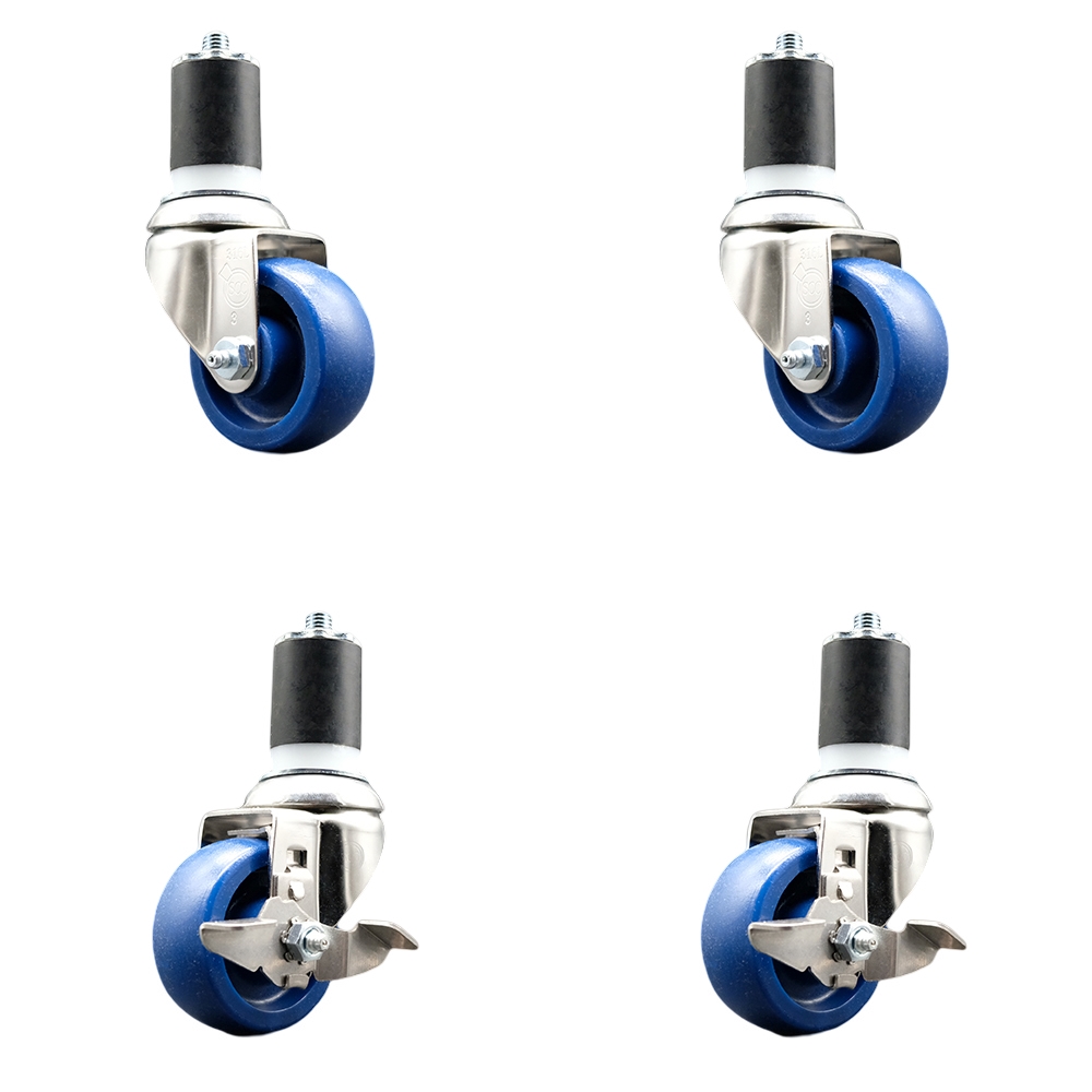 Solid Poly Swivel Stem Caster Set of 4 with 3 Inch Blue Caster Wheels - 1-7/8" Expanding Stems - 316 Stainless Steel Casters - Includes 2 Swivel with Top Lock Brakes and 2 Swivel- Service Caster Brand — photo 1